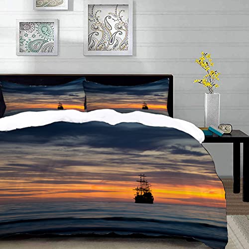 Bettwäsche 3 Teilig Bettgarnitur,Altes Schiff Segelschiff schwimmt auf Ozean bei idyllischem Sonnenuntergang Maritime,Gemütlich Mikrofaser Bettbezug Set 1 Bettbezug Set 220 x 240 cm