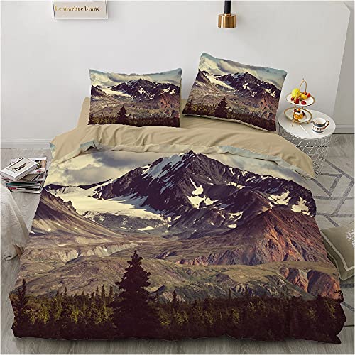 Gezu Bettwäsche 135x200 3D Effekt Braun Beige Khaki Berg Motiv Weich und Bügelfrei 100% Microfaser und Kissenbezug 80x80cm Wendebettwäsche Garnitur Set mit Reißverschluss