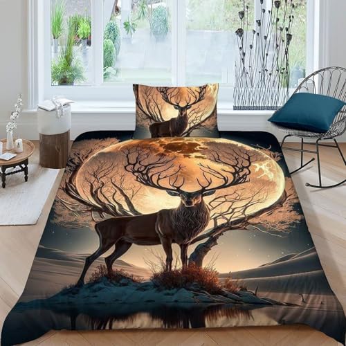 HOGDISAJD Hirsch Mond Bettwäsche Weiche Feder Jungle Tiers 3D Gedruckt Bettdeckenbezug Mit 1 Kopfkissenbezüge Luxus Bettbezug Set 2 Stück Zimmer Dekorative Single?135x200cm?