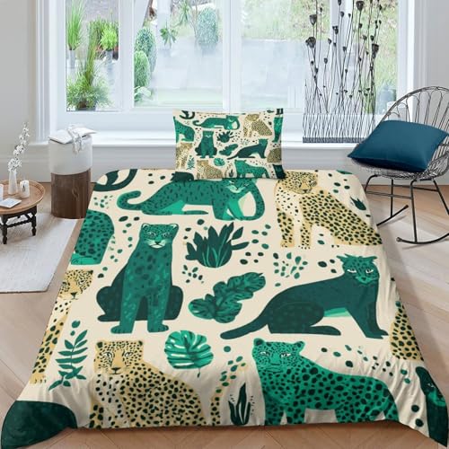 kaiyun Leoparden-Smaragdgrün Bettwäsche-Set, Cyan Tiger 3D-Bedruckt, Mit Kissenbezügen Bettbezüge Microfaser Für Erwachsene Kind Single?135x200cm?