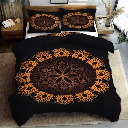 Generisch BettwäSche 155x220 Gold-Retro-Mandala Bettbezug Set 3 Teilig Europäisch klassisch BettbezüGe und 2 Kissenbezug 80x80, BettwäSche-Sets Weiche Microfaser mit ReißVerschluss PA921