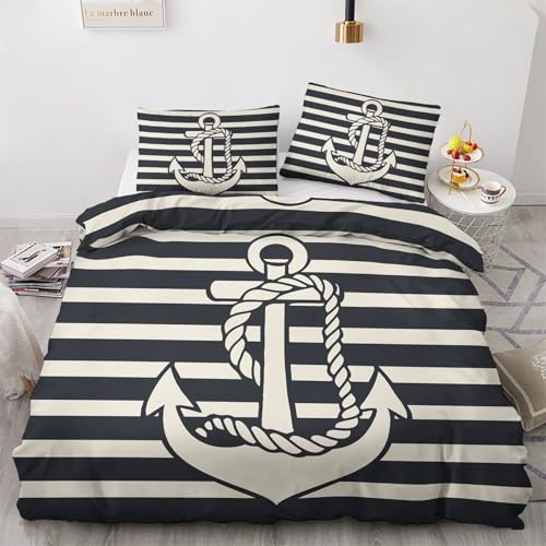 NIYAKA Weiche Bettwäsche 135x200 Anker Set 2teilig | Bettbezug Maritim Streifen Schwarz weiß mit Kissenbezug 80x80 cm, Mikrofaser Wendebettwäsche mit Reißverschluss, Kuschelig & Pflegeleich