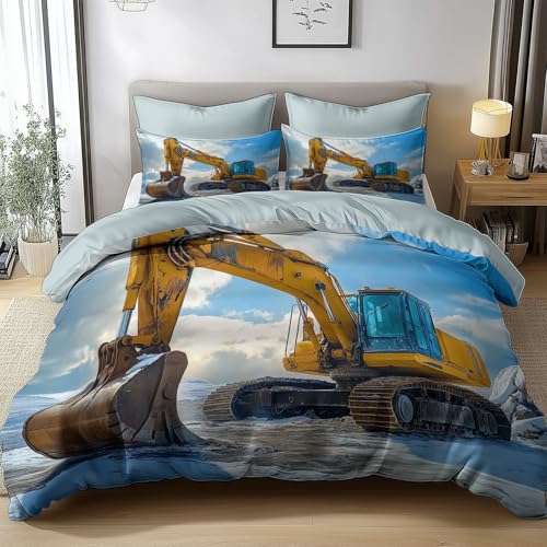 Bettwäsche-Sets 135 x 200 cm Landhausstil Bagger Microfaser Bettwäsche Set Bettbezug, mit Reißverschluss Weich und Bügelfrei, Hellblau, für Kinder Mädchen