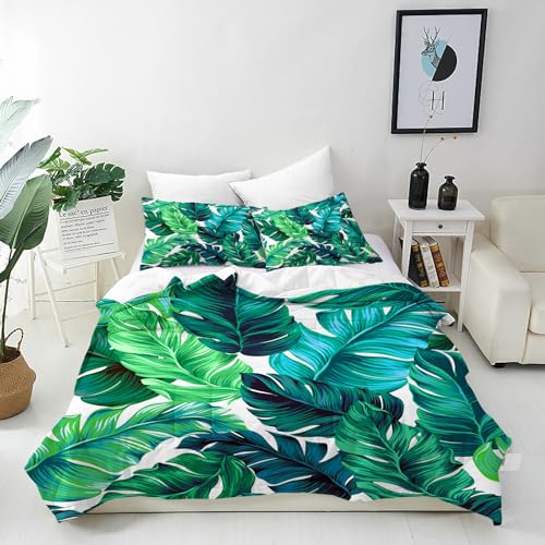 ANHOPE Tropisch Bettwäsche Set 2 Teilig Türkis Grün Palmblatt Bettbezug 135x200 cm + Kissenbezug 80x80 cm Weich Microfaser Bettbezüge mit Reißverschluss Ganzjahres Bettdeckenbezug Set