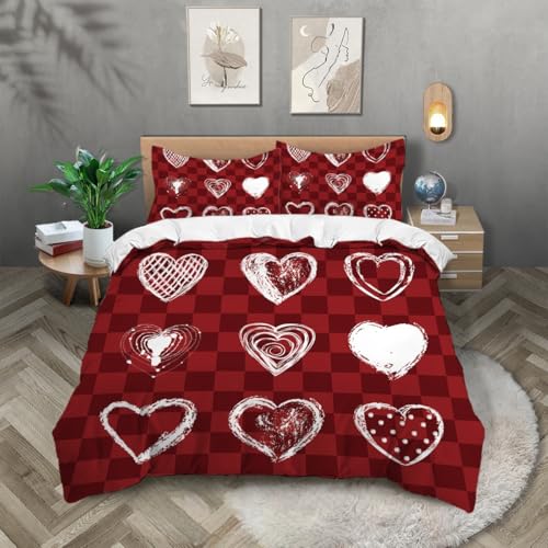 Bettwäsche 135x200 mit Herzchenmuster, Rot-Kariert, Inklusive Kissenbezug, Weiche Mikrofaser, Ideal für Kinder-, Mädchen- und Teenagerzimmer (Einzelbett)