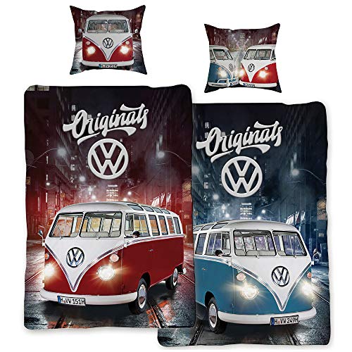 VW Volkswagen Bulli Bettwäsche Originals Rot/Blau 135 cm x 200 cm + 80 cm x 80 cm VW-Bus T1 100% Baumwolle Linon/Renforcé Retro Camper Van 2 Motive Wendebettwäsche Reißverschluss 087
