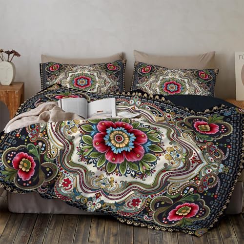 MULERN Symmetrie Seide Druck Drucken Bettwäsche Set 2teilig 135x200cm, Traditionell Kunst Druck Bettwäsche-Set, Deluxe Mikrofaser Weiche Bettbezug mit Reißverschluss und Kissenbezüge