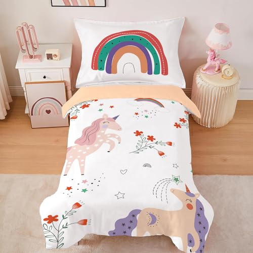 CINYE Kinder Mädchen Kawaii Einhorn Bettwäsche 120x150cm Wendebettwäsche Mit 40×60cm Kissenbezug 3D Gedruckt Blumen Regenbogen Muster 100% Microfaser Bunt Bettwäsche Mit Reißverschluss
