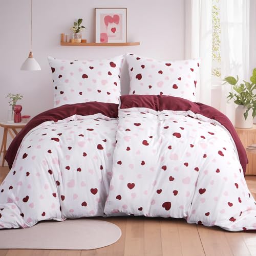 Aisbo Bettwäsche 135x200 4teilig Bettdeckenbezug - Bettwäsche Set 135 x 200 Herzen Rosa Rot Muster mit 2 Kissenbezüge 80x80 cm, Mikrofaser Bettbezug 2er Set mit Reißverschluss, Bügelfrei und Weich