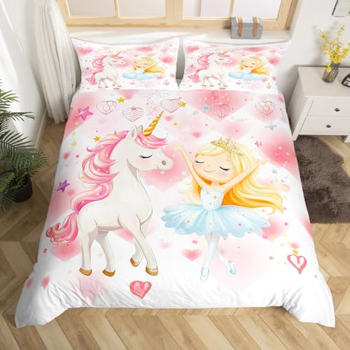 Loussiesd Kinder Einhorn Druck Bettbezug Set Ballett Mädchen Bettwäsche Set 200x200cm Rosa Einhorn Pferd und Mädchen Tanz Bettwäsche-Set mit 2 Kissenbezug 80x80cm, weiche Mikrofaser