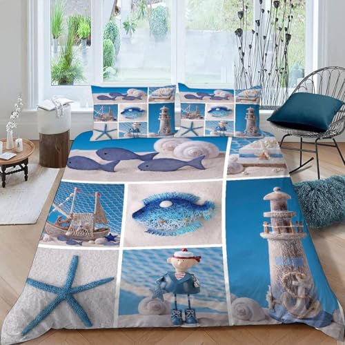 MOXINO 3D Seestern Bettwäsche 135x200 cm 2teilig Leuchtturm Bettwäsche für Kinder Leicht Mikrofaser Bettbezug Sommer Weiche Bettbezüge mit Kissenbezüge 80x80?Muster 127-6?