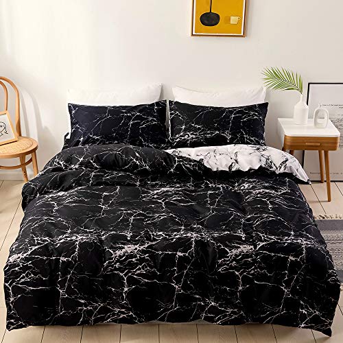 Bettwäsche 135x200 cm 2teilig Schwarz / Weiß Muster Marmor Bettwäsche Set Microfaser Bettbezug und 1 Kissenbezüge 80×80cm mit Reißverschluss (JY-135 2T)