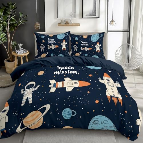 XCQHZYQ Bettwäsche Set für Jungen Mädchen Teen 200x200 cm Cartoon-Raumschiff-Planet -Astronaut Bettbezug Set Polyester Baumwolle Bettwäsche für Schlafzimmer, Kinder Bettwäsche mit 2 Kissenbezug