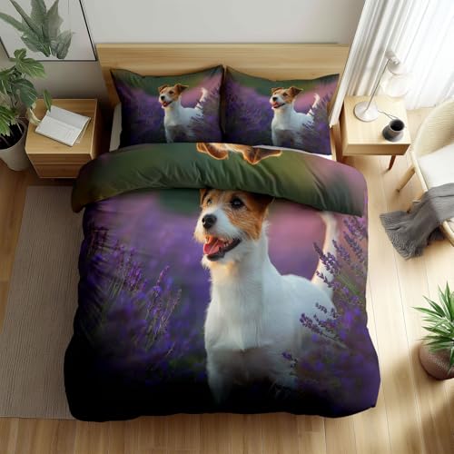 Bettwäsche-Sets Lavendelblumenfeld Tierhund Bettwäsche 135 x 200 cm Bettbezug, Weiche Atmungsaktiv Allergiker Violett Bettbezug mit Reißverschluss für Kinder Teenager Erwachsene