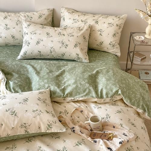 Lanqinglv Bettwäsche 135x200 Baumwolle Blumenmuster,Beige Grün Pflanzen Wendebettwäsche Renforce ÖKO-TEX Bettwäsche Set Vintage Bettbezug mit Reißverschluss und 1 Kissenbezug 80x80 cm