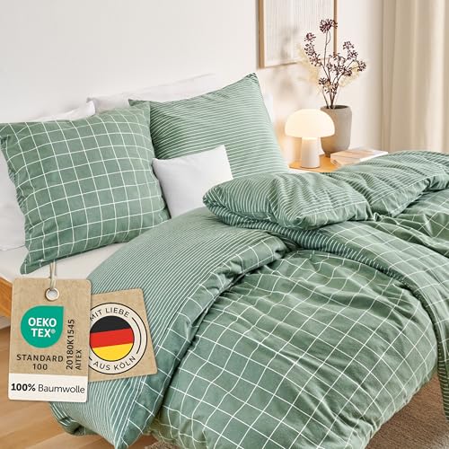 Blumtal Biber Bettwäsche 155x220cm + 2X 80x80cm Baumwolle 3teilig - Flanell Winter Bettwäsche 155x220 cm Oeko-TEX zert. & Ultra weich - 60 °C waschbare Winterbettwäsche mit Wendedesign - Sommergrün