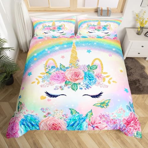 Homemissing Einhorn Bettwäsche Set 135x200cm für Kinder Mädchen Schlafzimmer Dekorationen Teens 3D Bunte Einhorn Regenbogen Bettwäsche Bettbezug Set Ultra weiche und fluffige Blume Bettwäsche