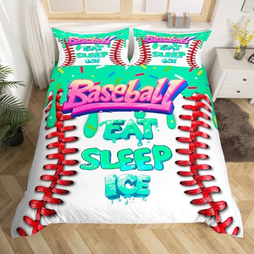 Homemissing Baseball Bettwäsche Set 135x200cm Sports Game Bettwäsche-Set mit Reißverschluss für Kinder Teens Adults Baseball Gaming Bettbezug Eat Sleep Ball Türkis Grün Weiß Zimmer Dekor