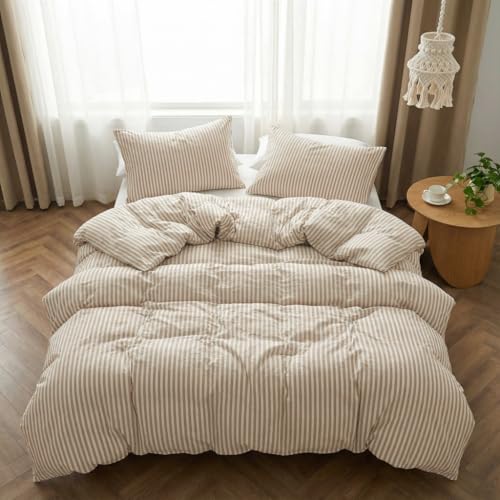 Covebett Bettwäsche 155x220 Beige Braun Gestreift Muster Modern Bettbezug Set Landhausstil Beige Khaki Streifen Geometrisch Renforce Microfaser Deckenbezug und Kissenbezug 80x80 Reißverschluss