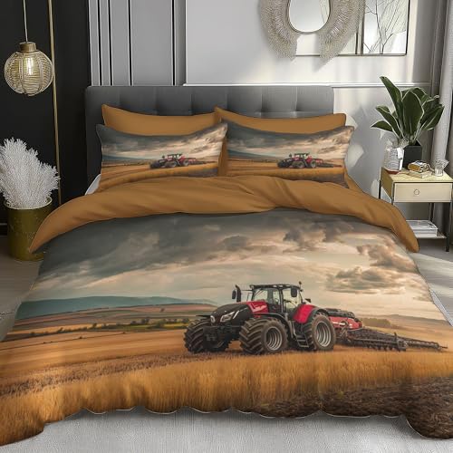 DACRWEKZ Bettwäsche 2teilig Bettbezug - Bettwäsche-Sets135×200 cm Set mit 1 Kissenbezüge 80x80cm, Mikrofaser mit Reißverschluss Weich und Bügelfrei, Gelb - Realismus Traktor