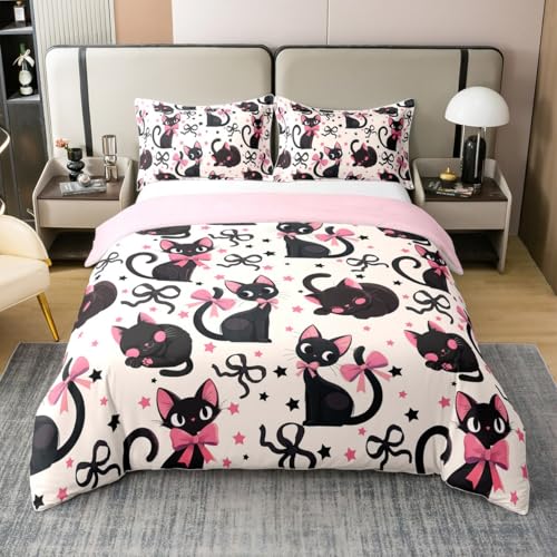 Homewish Halloween Schwarze Katze Baumwolle bettbezug für Kinder,Cartoon Rosa Bowknot Bettwäsche 135x200cm Stars Coquette Bettwäscheset Katzenliebhaber bettset raumdekor 1 Kissenbezug