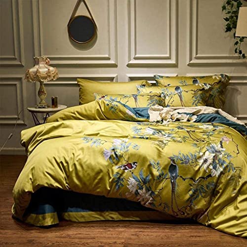 Gelbe Bettwäsche im Chinoiserie-Stil, 4-teilige Bettdecke, seidige ägyptische Baumwolle, Vögel, Blumen, Bettbezug, Bettlaken, Spannbettlaken-Set, King-Size-Queen-Bettwäsc he-Set-Bettwäsche-Set ( Size :