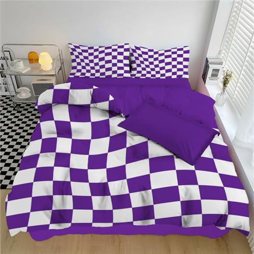 WunM Studio Bettwäsche 135 * 200cm Lila Lila und weiße Quadrate Bettbezug Set 2 Teilig Schachbrett Blümchen Blumenmuster Weich Bettwäsche-Sets mit 1 Kissenbezüge 80x80 cm und Reißverschluss