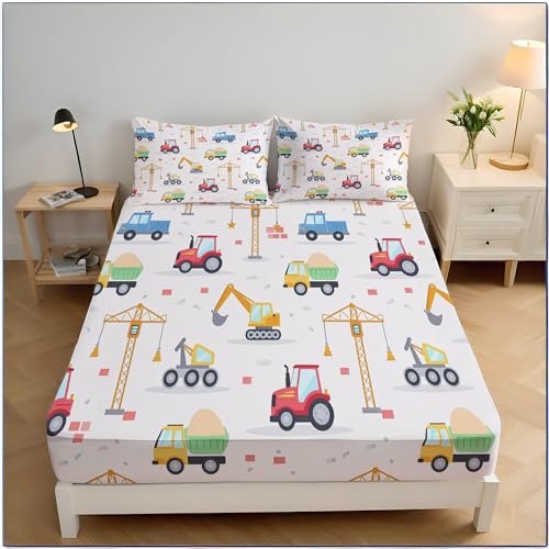 Cartoon-Traktor Spannbettlaken 90x190x30 cm, Süß Einfach Bettwäsche Set Mit 2 Kissenbezügen, Tiefer Tasche, 30 cm Spannbetttuch, Mehrfarbig