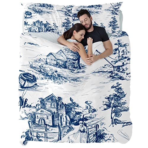 Maikoler 3-teiliges Bettwäsche-Set für Einzelbett, Szenen des Angelns im Toile de Jouy-Stil, in Weiß und Blau, weiche Bettdeckenbezug, Bettwäsche-Set für alle Jahreszeiten, 135 cm x 200 cm