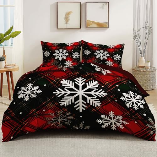 Bettbezüge Reversibel 135 x 200 cm mit 2 Kissenbezug 80 x 80 cm, Bettbezug Set Microfaser Weihnachten Schneeflockenmuster Karomuster Thema für Jugendliche und Erwachsene, Sommer-Bettwäsche-Set Rot