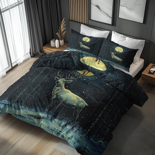 Generisch Bettwäsche 200x200 Wald Hirsch - Schlafzimmer Deko Bettbezug 200 x 200 3tlg Mond Waldgebiet Wildtiere Muster, 2 Kissenbezug 80x80, mit Reißverschluss, Weich Mikrofaser TF-20