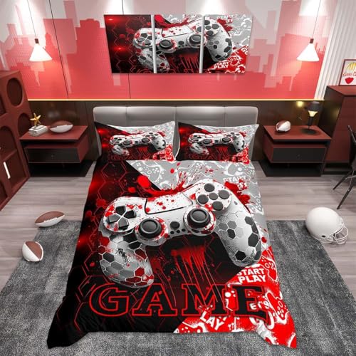 Homemissing Rote Waben-Bettbezug-Set, Doppelgröße, für Kinder, Jungen, Mädchen, Gaming-Bettwäsche-Set, geometrisch, kariert, Bettbezug mit 2 Kissenbezügen, sechseckiges 3D-Gamepad-Bettwäsche