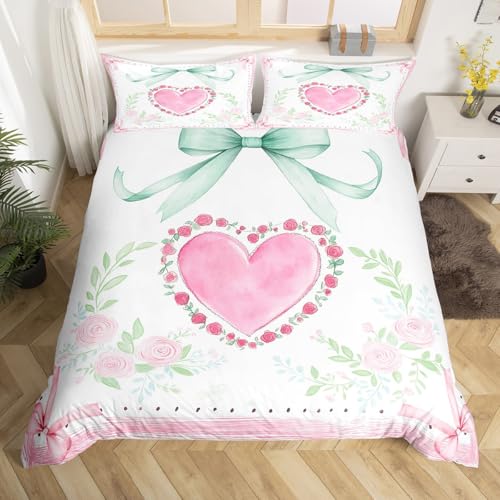 Rosa Bowknot Liebe Bettdecke Abdeckung L Größe,Rose Blume Bettwäsche Sets für Kinder Mädchen Frau Zimmer Dekor,Süße Cartoon Bogen Deck Abdeckung Aquarell Prinzessin Stil Quilt Abdeckung,2 Kissenbezug