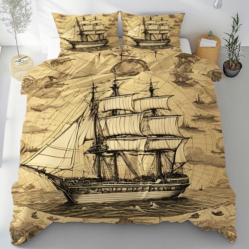 Tyafsgvqo Segelboot Piratenschiff Bettwäsche 135x200 3 Teilig, Vintage Nautische Thema Bettbezug mit 2 Kissenbezug 80x80 cm, Maritim Meer Abenteuer Bettwäsche Set, Wendebettwäsche mit Reißverschluss