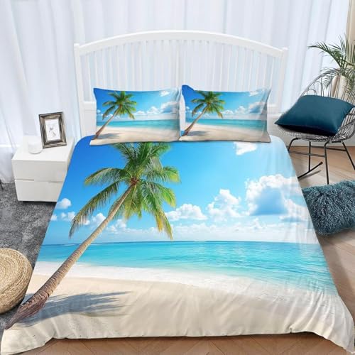 Bettwäsche 140x200 Hawaii-Strand Bettbezug 3D Druck Tropischer Meer Bettbezüge Kuschelig Weich Mikrofaser Deckenbezug 140x200 mit Reißverschluss + 2 Kissenbezüge 80x80 cm D-5029
