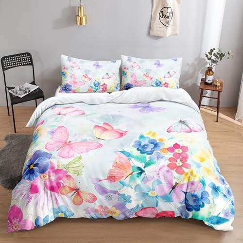 HOSIMA Bettwäscheset mit Schmetterlingen,200 x 200 cm,Aquarell-Schmetterling smuster,bunt,Bettwäsche- Set,1 Bettbezug,2 Kissenbezug,mit Reißverschluss,geeignet für Mädchen,Jugendliche und Erwachsene