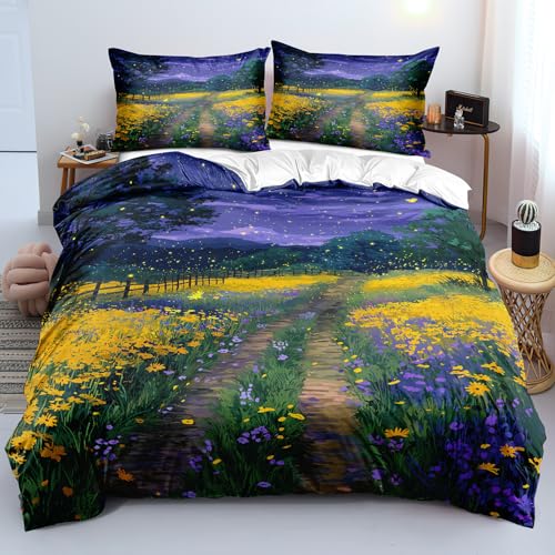 Bettbezug 240X220 mit Kissenbezügen und Blumenmuster im 3D-Druck,Rustikales Bettwäsche 240X220 mit Nachthimmel,Gelb-Violette m Blumenmuster für Damen,Mädchen und Kinder,Weiche,Atmungsakti ve Mikrof