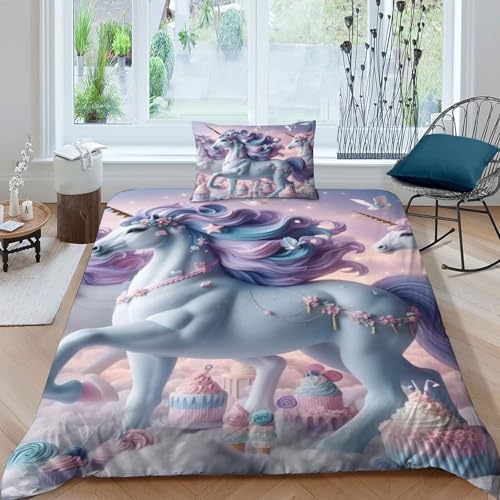 HOGDISAJD Weißes Pferd Bettbezug Tier 3D-Druck Bettwäsche Set 2-teiliges Set Kissenbezug 1tlg Weiche Mikrofaser Für Kinder Jungen Männer Single?135x200cm?
