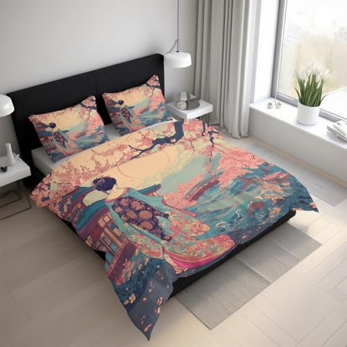 Generisch Geisha Bettwäsche 155x200 3teilig, Orientalisch Japanischer Stil Bettwäsche-Sets mit Reißverschluss, Microfaser Weiche Bettbezug mit 2 Kissenbezüge 80×80
