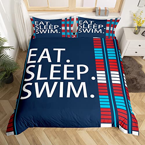 Schwimmen Sport Bettbezug S Größe, Essen Schlaf Schwimmen Druck Tröster Cover Set für Kinder Jungen Mädchen, Spur Geometrische Linien Navy Bettwäsche Quilt Cover Set Schlafzimmer Dekor, 2-Stücke