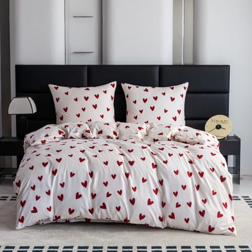 Cotton Market Bettwäsche Bettbezug 220 x 200 cm 2 Kissenbezüge 70 x 80 cm Herzen Rot Romantisches Doppelbett Bettwäsche-Set aus Mikrofaser mit Reißverschluss Weich Pflegeleicht