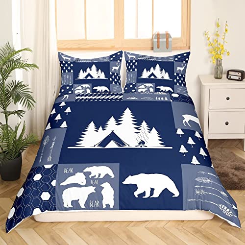 Camper Bettbezug Super King Rustikales Bauernhaus Camping Bettdecke Bezug Bär Hirsch Wald Tier Bettwäsche Set für Kinder Jungen Mädchen Patchwork Geometrisches Sechseck Pfeil Dekor Bettbezug