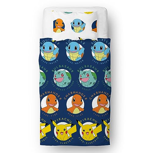 Pokemon Offizielles Lizenzprodukt für Einzelbett, Kinder-Bettwäsche-Set, Pikachu Bulbasaur Charmander Squirtle-Design, wendbar, 2-seitige Bettwäsche mit passendem Kissenbezug, Kinder-Einzelbett-Set