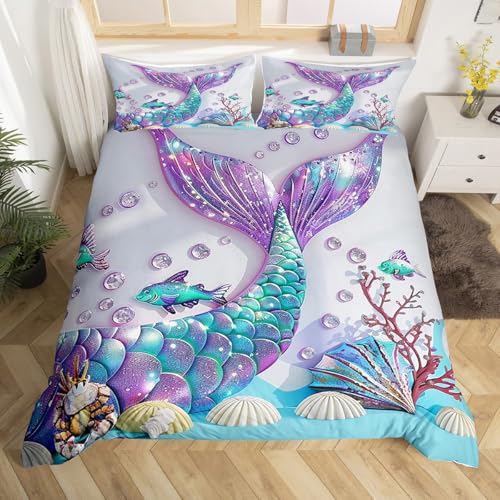 Homewish Meerjungfrau 135x200 Bettbezug für Mädchen,Ocean Fish Scales Bettwäsche Sets für Kinder Teens,Küsten Nautische Meerestiere Tröster Abdeckung,Shell Coral Unterwasser Welt Bettbezug,Blau Lila