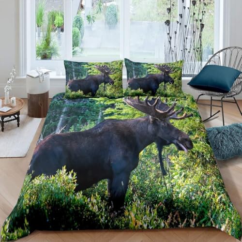 Bettwäsche 140x200 Hirsche Bettwäsche Set 3D Bettbezug Set Weich Microfaser Bettbezüge 3 Teilig GrüNes Grasland 3D-Druck Bettwäsche-Sets für Einzelbett mit 2 Kissenbezug d.921
