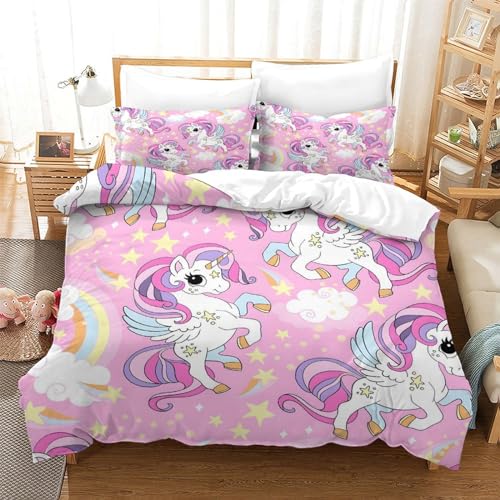 Kleine Einhörner, Wolken, Regenbogen Für Kinder Mädchen Jungen Bettbezug Set 3D Gedruckter Bettwäschegarnitur Weich Microfaser Bettwäsche Reissverschluss Und Kissenbezüge 3 Teilig Double?200x200cm?