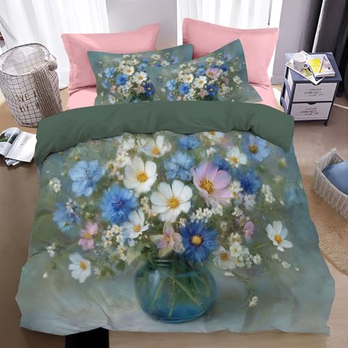 Bettwäsche 200*200cm Salbeigrün Elegante Pflanzen und Blumen Bettbezug Set 3 Teilig Stillleben Gänseblümchen Blümchen Blumenmuster Weich Bettwäsche-Sets mit 2 Kissenbezüge 80x80 cm und Reißverschluss
