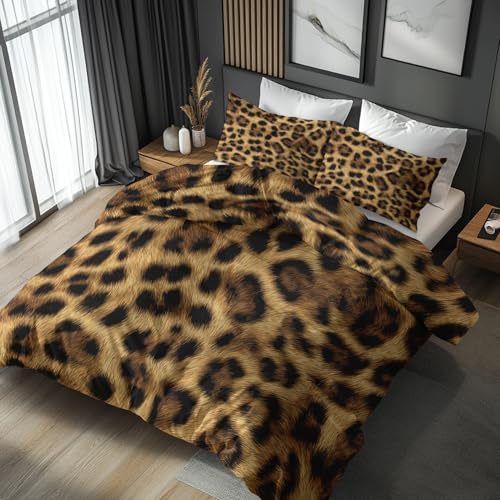 Generisch 135x200 Bettwäsche Leopardenmuster Bettbezug - 2tlg, 1 Kissenbezug 80x80, Braun Tiere Muster, Schlafzimmer Deko, Weiche Mikrofaser Wendebettwäsche mit Reißverschluss - JZ277