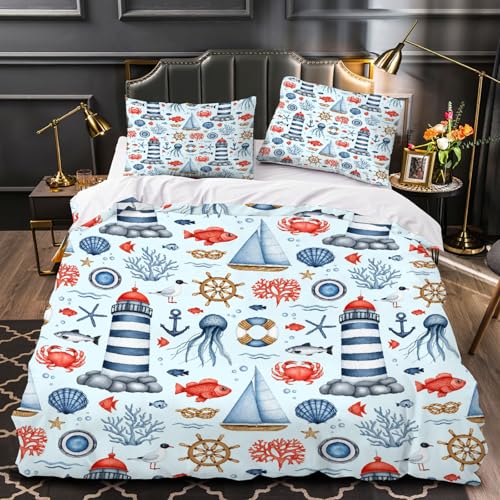 RFFLUX 3D Maritime Bettwäsche Set 135x200 cm 2teilig Weiche und Angenehme Microfaser Bettwäsche Leuchtturm Anker Bettbezug Kinderbettwäsche mit Kissenbezug 80x80 cm?Stil 76-13?