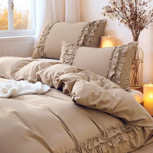 Merryword Bettwäsche-Set mit Rüschen, 100 % Baumwolle, niedliches Spitzen-Bettwäsche-Set, Shabby-Chic-Stil, Bauernhaus, französisches Landhaus-Design, Taupe